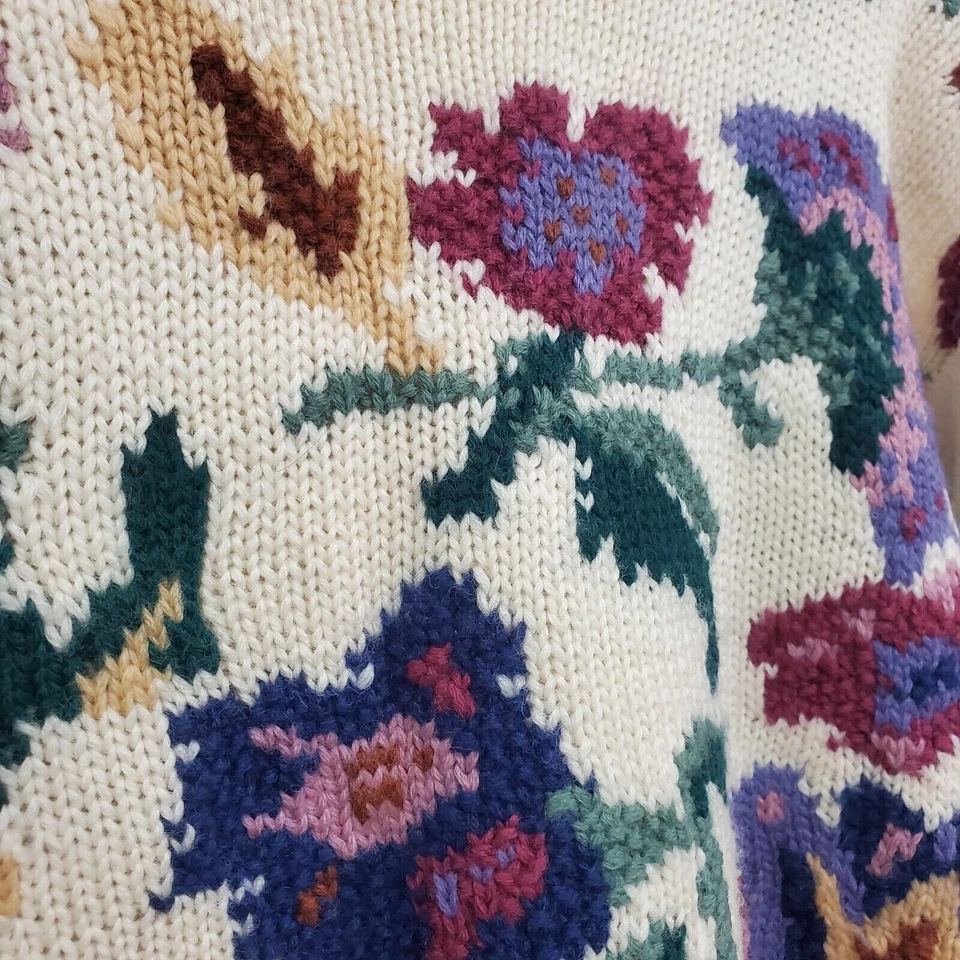 复古 Norm Thompson 女式羊毛 Cottagecore 花卉毛衣 M 码舒适独立 — 第 3/4 张图片