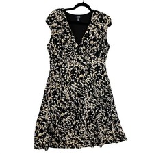 Chaps Sleeveless Leaf Black Beige Print A-Line Dress V-Neck Empire Waist XL