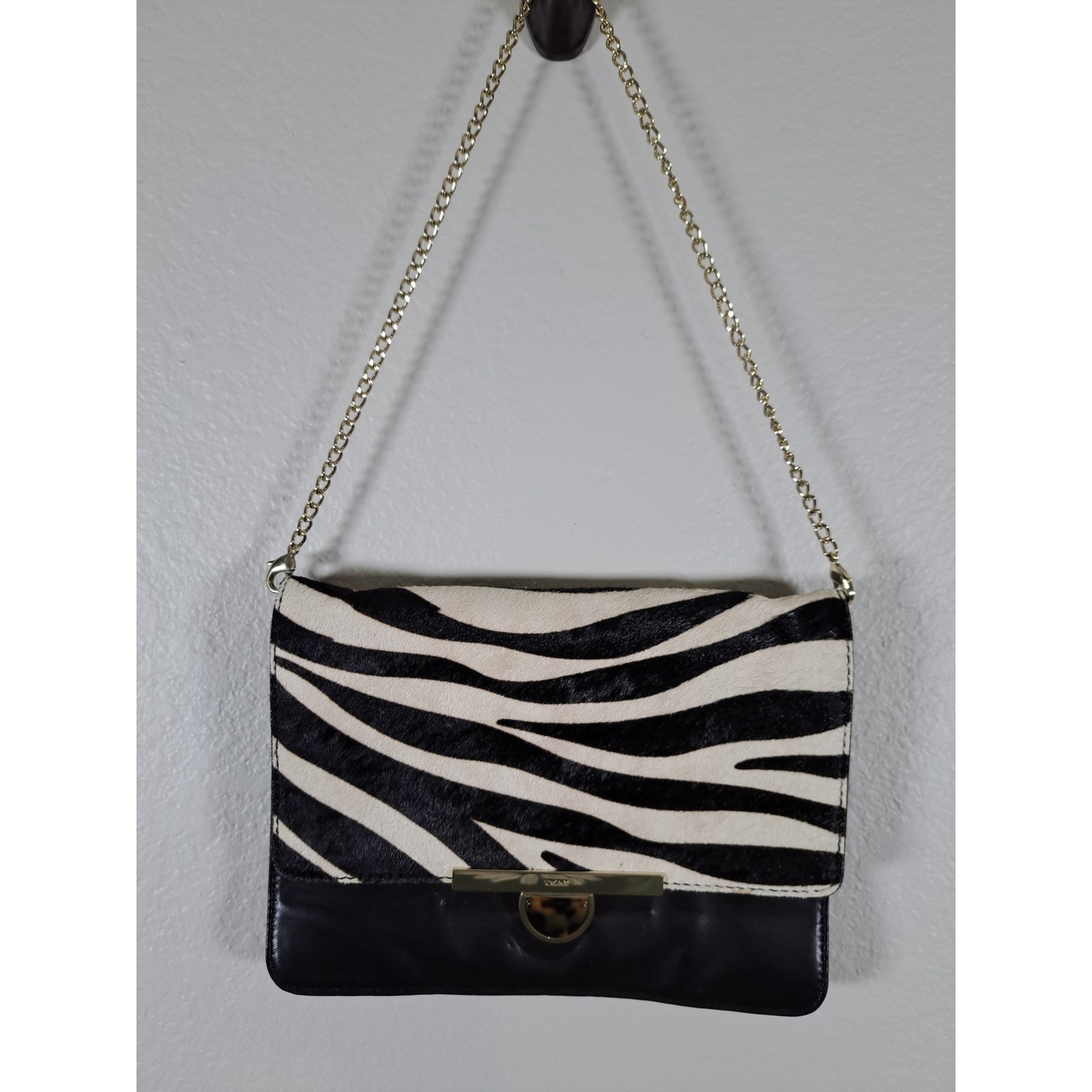 DKNY Zebra Print Calf Hair Leather Shoulder Bag Black White Gold Chain Strap