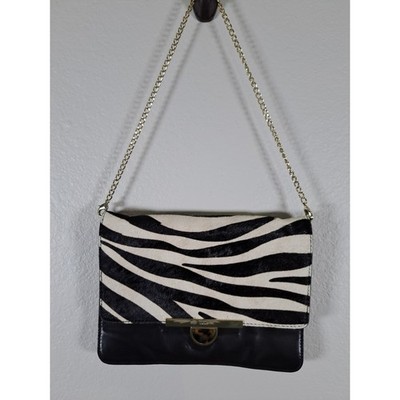 DKNY Zebra Print Calf Hair Leather Shoulder Bag Black White Gold Chain Strap