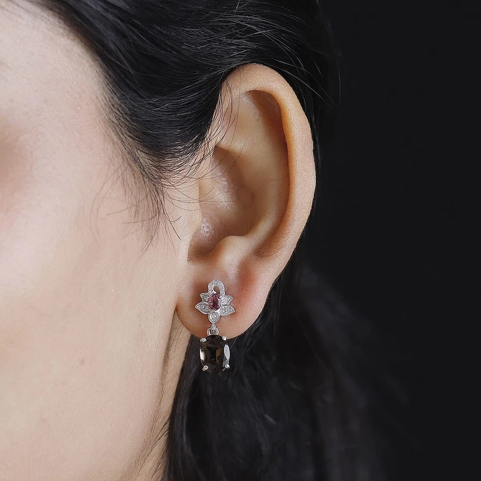 Pendientes colgantes de cuarzo ahumado y multigemo enchapados en rodio de ley 4,25 ctw Foto 3 de 4