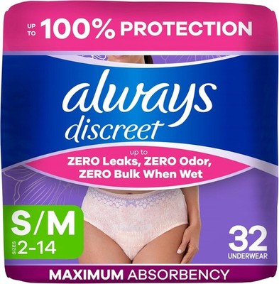 Always Discreet Maximum Protection Incontinence Underwear for Women, S/M, 32 Ct