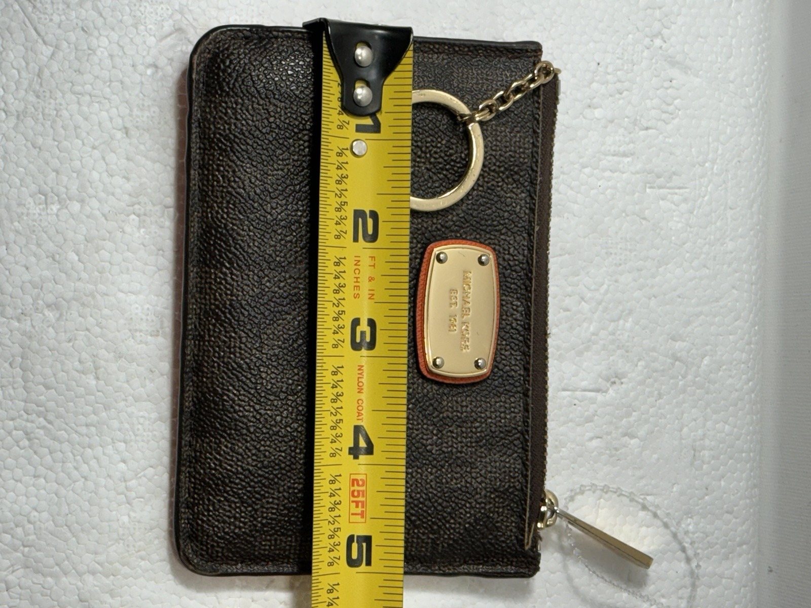 Michael Kors Small Key Chain Wallet Zip Top Leather Coin Pouch Brown/Black SEE