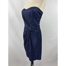 David Meister Strapless Cocktail Dress Blue Black Lace Metallic 6 Boning