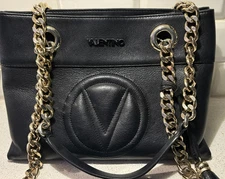 AUTHENTIC MARIO VALENTINO Black Leather Quilted V Logo Handbag Bag Satchel