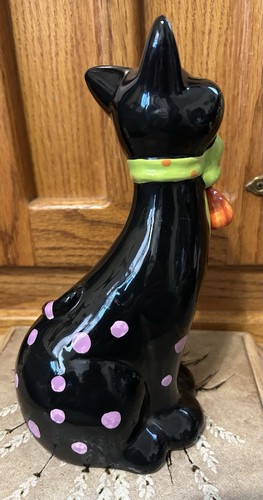 Stravagante statuina gatto Halloween nero ceramica viola a pois fiocco cravatta zucca - Foto 5 di 10