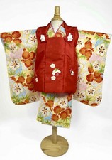 Bright Yellow-Orange Floral Hifu Kimono Set for 3-Year-Old Girl Shichi-Go-San