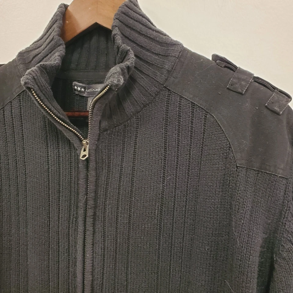 Cárdigan Retrofit Para Hombres Cremallera Completa Cuello Simulado Moto Talla L Capas Negras Desteñidas Tejido Foto 2 de 4