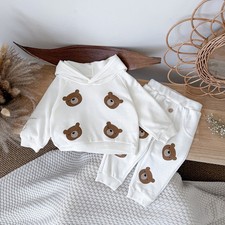 Baby Boys Girls Spring Autumn Ears Bear Head Printed Hoodie Pants Two-piece Set