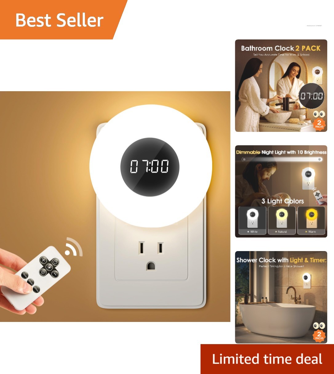 2 Pack Aora Bathroom Clock with Dimmer, Timer & 90 Lumen Energy Efficient Light