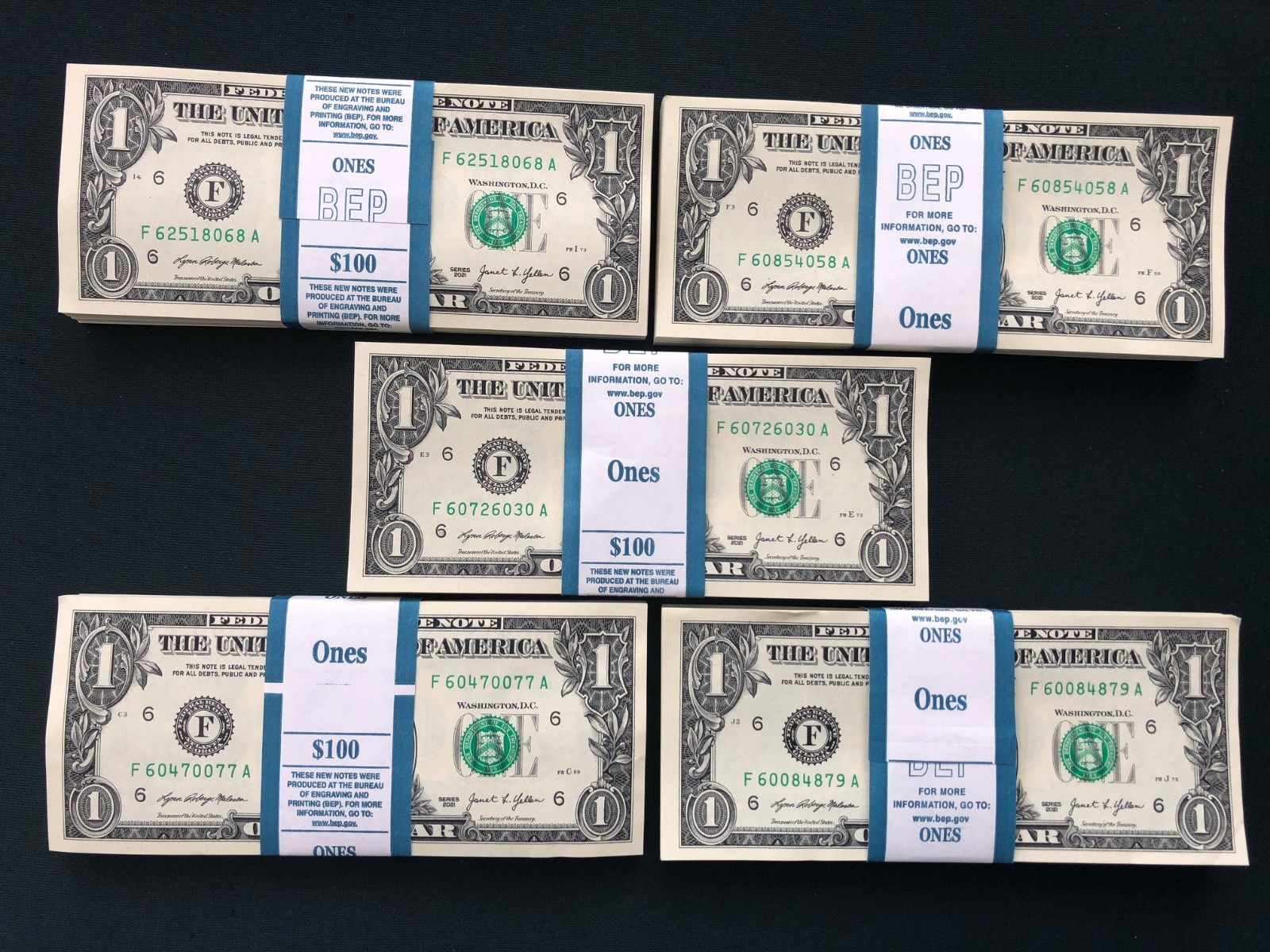 100 (ONE STACK) 2021 ONE DOLLAR CRISP UNCIRCULATED NOTES FROM BEP ...
