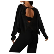  Open Back Workout Tops for Women Long Sleeve Cropped Athletic Small Black