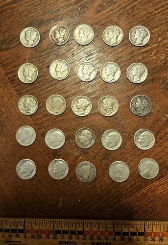 Group of 25 Mercury, Eisenhower, Barber and Canadian Silver Dimes!