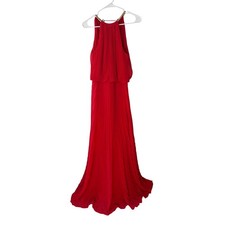 XSCAPE Red Pleated Halter Maxi Dress Gold Chain Neck Gown Size 10 Elegant Formal