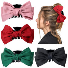 4 Pack Satin Large Bow Hair Claw Clips Red Black Plastic Ponytail Holder Clips w