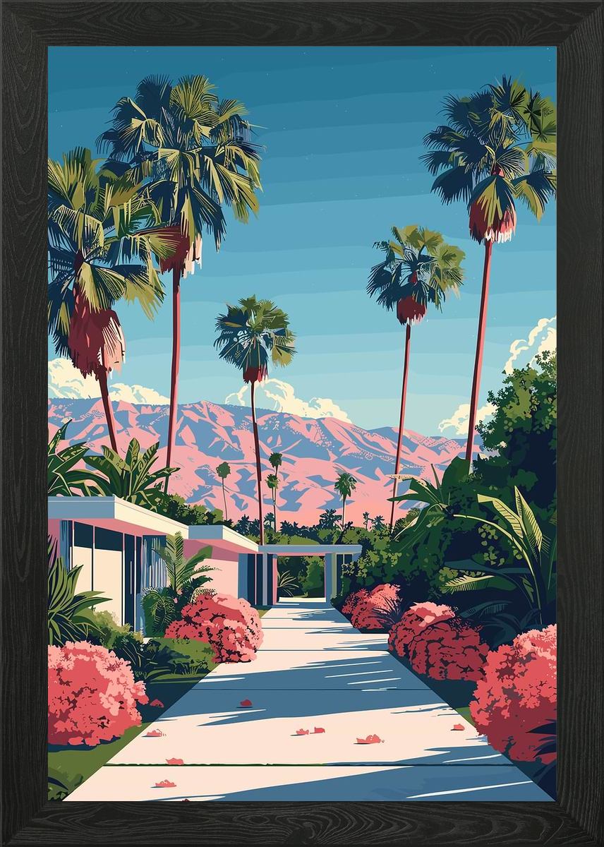Palm Springs Landscape with Pink Mo Framed Wall Art Poster Canvas Print Picture