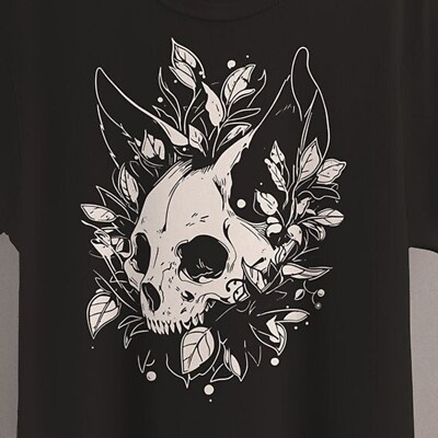 Cat Skull T-Shirt  Gothic  Witchcore Aesthetic  Goblincore Clothing   Mall Goth