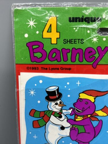 Barney Dinosaurier Winter Aufkleber Party Gastgeschenk *GEÖFFNET* nur 3 Blatt! Vintage - Bild 2 von 7