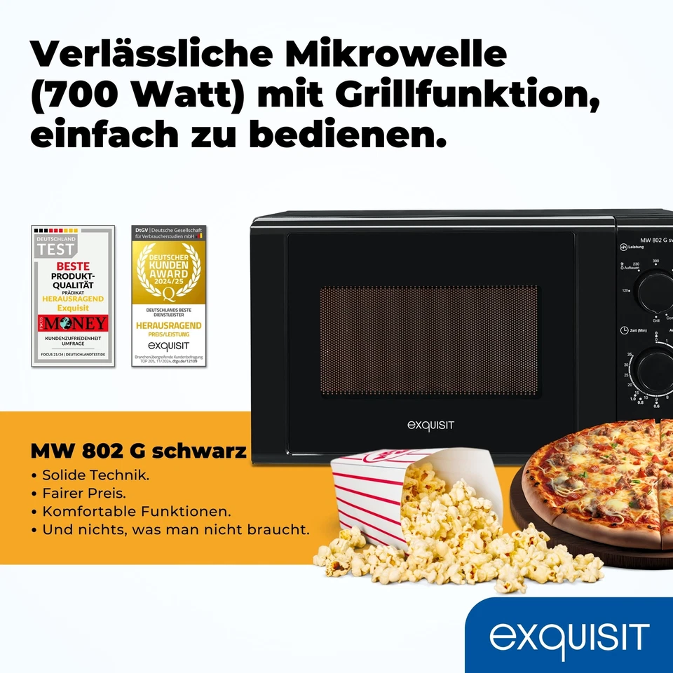 Exquisit Mikrowelle 20L, 1000 W Grill, 700 W, 25,5cm Drehteller, MW 802G schwarz - Bild 2 von 4