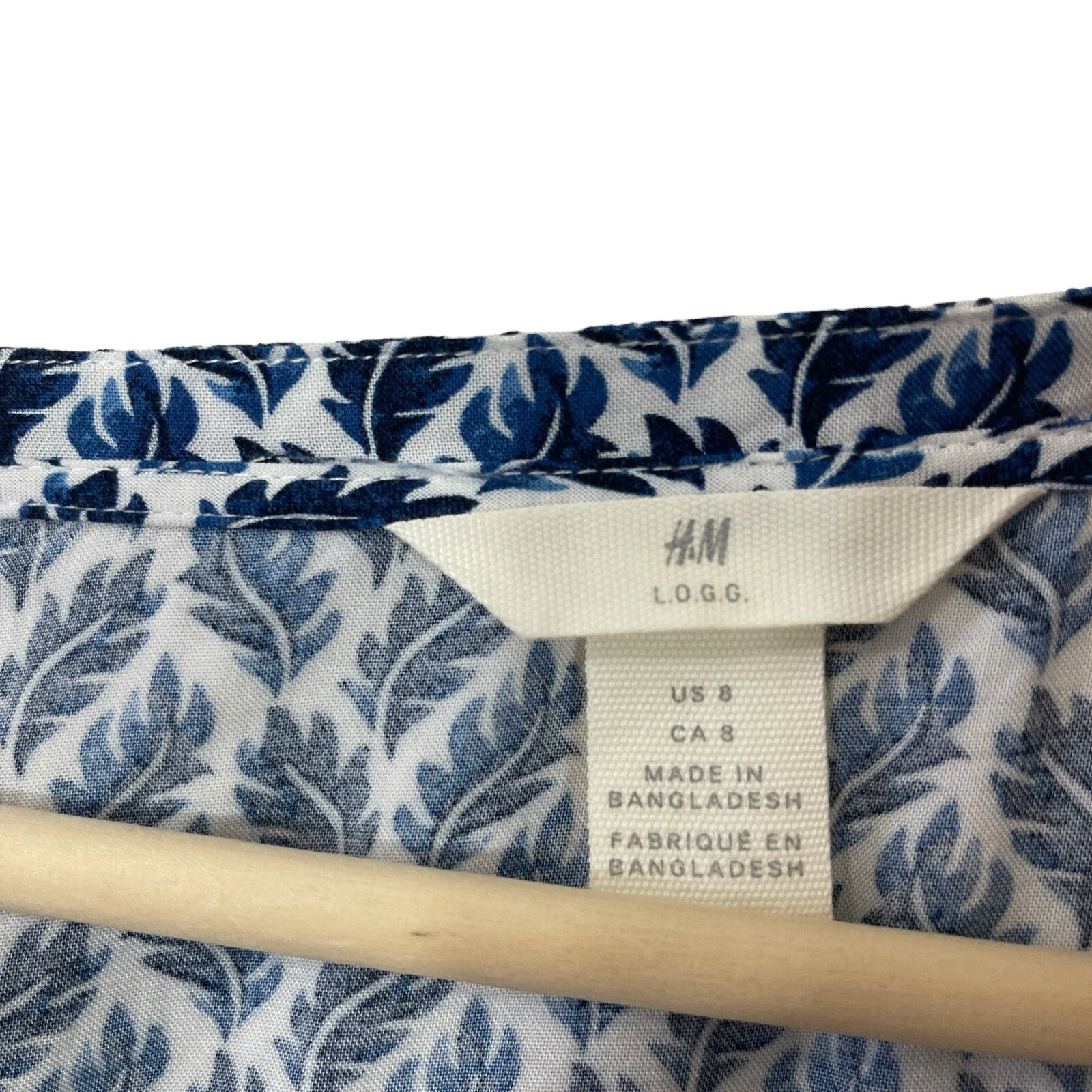 VETEMENTS H&M 8 Vestito Pullover Manica Corta Blu Bianco Foglia Scollo a V Lunghezza Ginocchio Donna