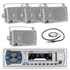 Pyle Marine USB Bluetooth White Radio,3.5"Silver Box 200W Speakers with Antenna