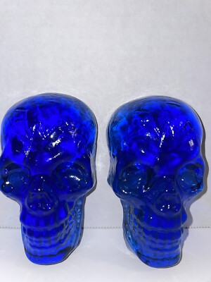 VTG Cobalt Blue Glass Crystal Skull (3) Gothic Skeleton Halloween Decor Vintage