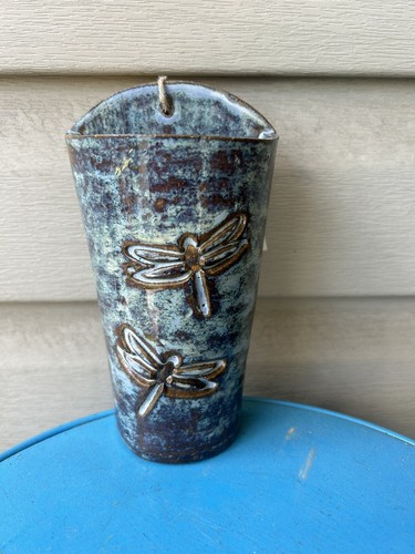 Dragonflies Blue Brown Art Pottery Wall Pocket Vase Pleasant Springs Pottery 6"