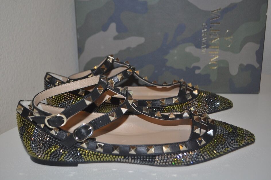 VALENTINO Rockstud Camo Crystal Ballerina Flat Shoe 38 7.5 |