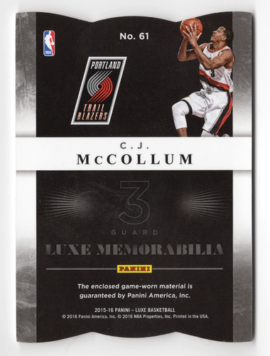 C.J. McCollum 2015-16 Panini Luxe Basketball (Game-Worn Jersey) LUXE MEMORABILIA - Picture 2 of 2