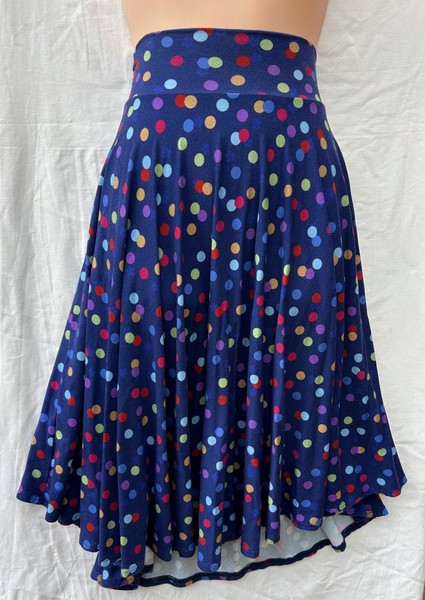 MAIOCCHI Blue Colourful Polka Dot Stretch Jersey Full Circle Knee L Skirt sz 12