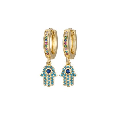 Creolen mit Hamsa/Glückshand Dangle Charms, Pave Türkis und Mehrfarbig