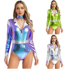Women's Alien Cosplay Costume Metallic Shiny Bodysuit Romper Carnival Outfits