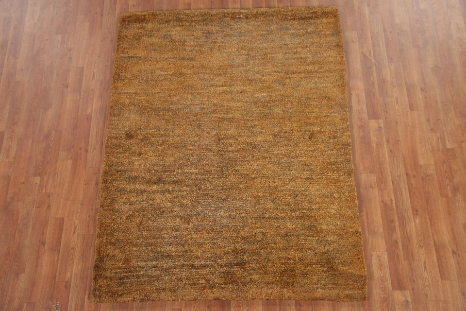 Gold Modern Oriental Moroccan Rug Solid Contemporary Hand-knotted Carpet 5x6 - Image 3 of 4