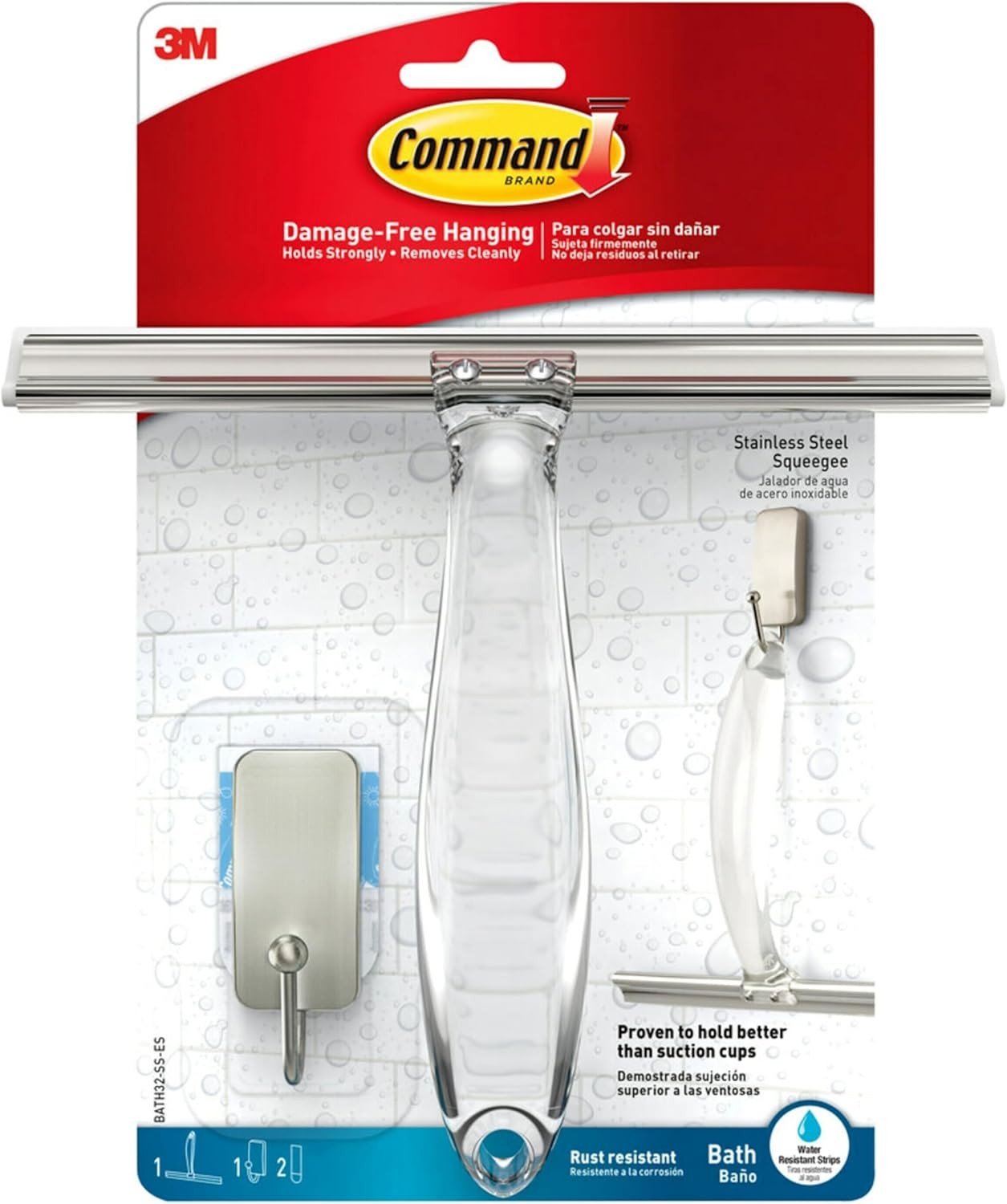 Command Stainless Steel Shower Squeegee and Satin Nickel Hook with 2 Water-Resi