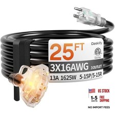 25 ft 16/3 awg 3 Outlet Extension Cord Splitter with Indicator, 25FT Black