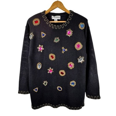 Vintage 80s Victoria Harbour Jewel Sweater M Black Beaded Glam Granny Ugly