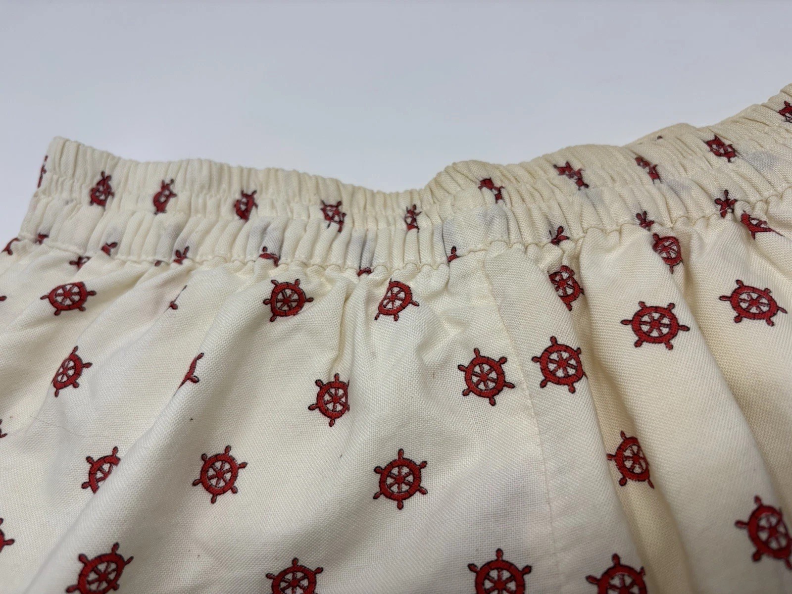 1950s Red Ivory Swim Trunks Bathing Suit Nautical Boat Wheel Cotton Shorts Med