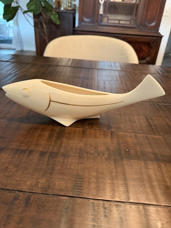 Lenox Porcelain Fish Planter Vase For Succulents 12” Sleek Modern Cream And Gold