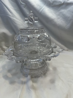 Belmont Covered Butter Dish Daisy Button Pedestal Clear Glass HAS hairline 