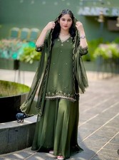 Premium Style Faux Georgette Mehendi Top Palazzo With Dupatta For Festival