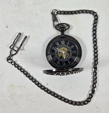 Men's Pocket Watch Mechanical Steampunk Skeleton Retro Hollow Black Dial Chain