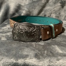Catchfly Studio Belt Girls L Brown Turquoise Embroidered Steer Buckle Western
