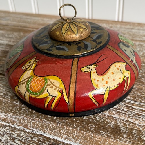 Vintage Round Hand-Painted Indian Wooden Trinket Box Elephant,Deer Folk Art