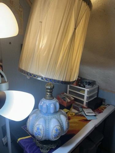 2 Victorian Blue Floral Glass Table Lamp with Drum Shade, Beaded Design