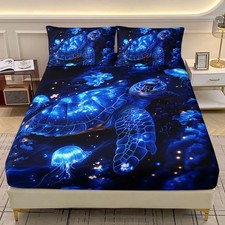 Blue Turtle Bed Sheet Set Twin XL Size,Beautiful Floral Jellyfish Sea Turtle ...
