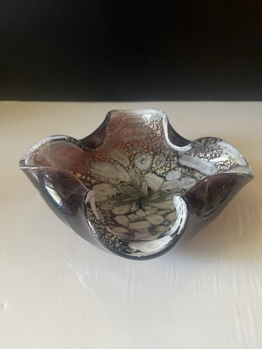 MCM Murano Art Glass Centerpiece Hand Blown Dark Purple Silver & Gold - Picture 1 of 6