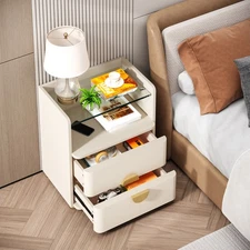 2-Drawer Modern Nightstand with Open Storage Space, Tempered Glasses End Table