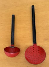 Vintage Red And Black Enamel Polish Soup Ladle And Matching Strainer
