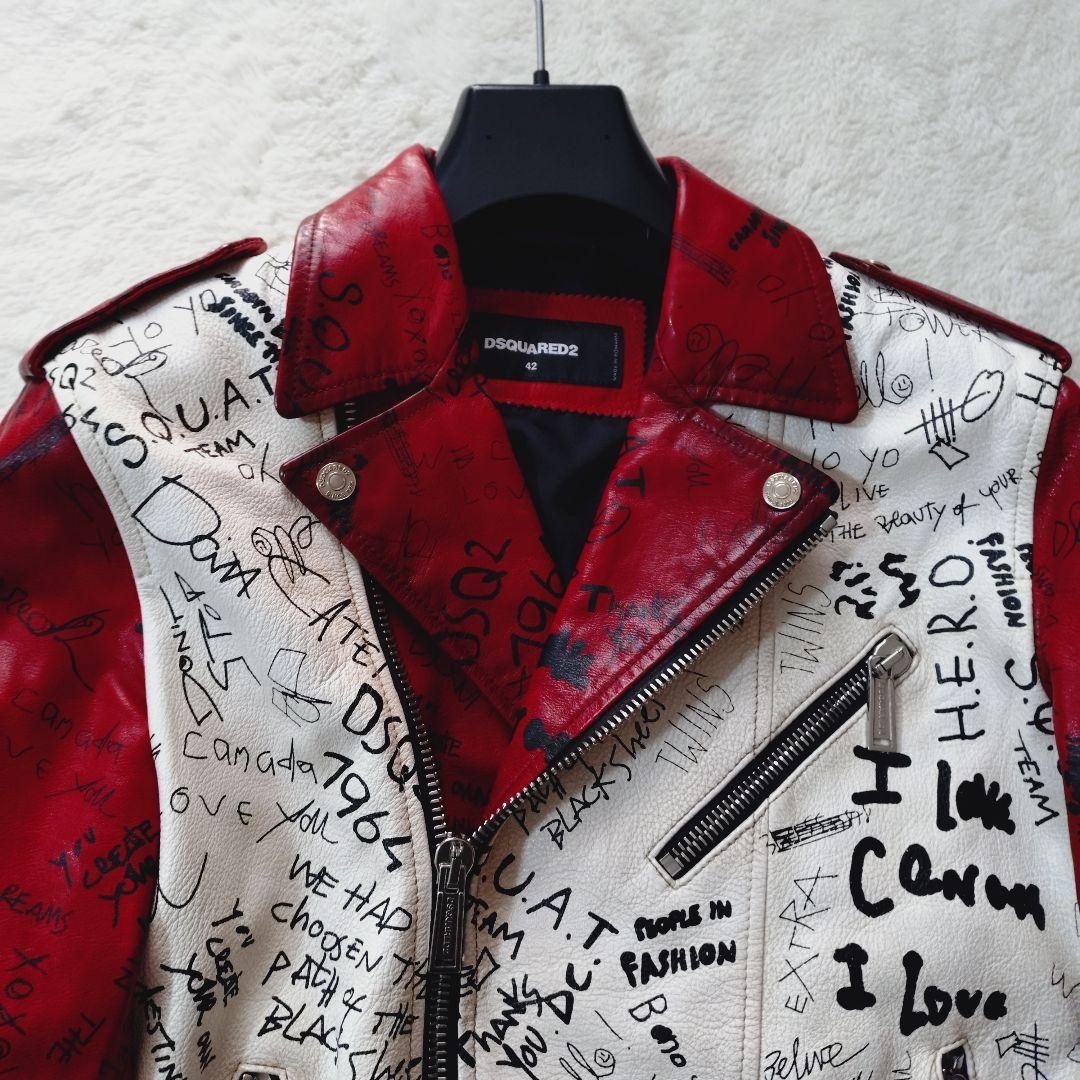 Used 2022 Dsquared2 Leather Riders Jacket Size 42 Red White Length 61cm image 8