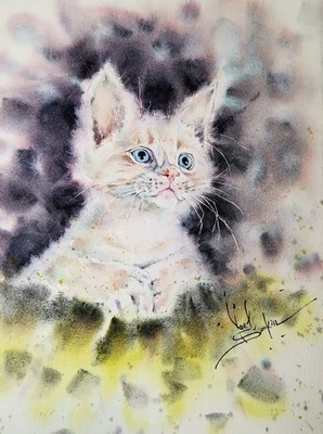 Peinture originale aquarelle blanche chaton - art mural portrait de chat,... - Photo 1/2